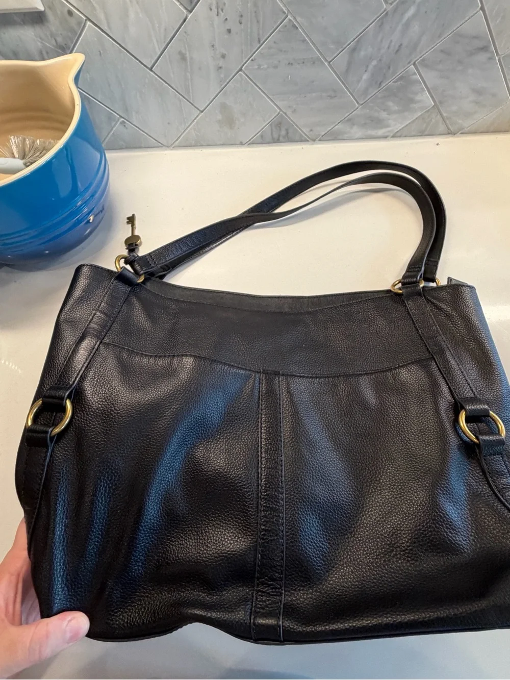 Fossil Black Pebbled Leather Shoulder Bag with Gold Hardware